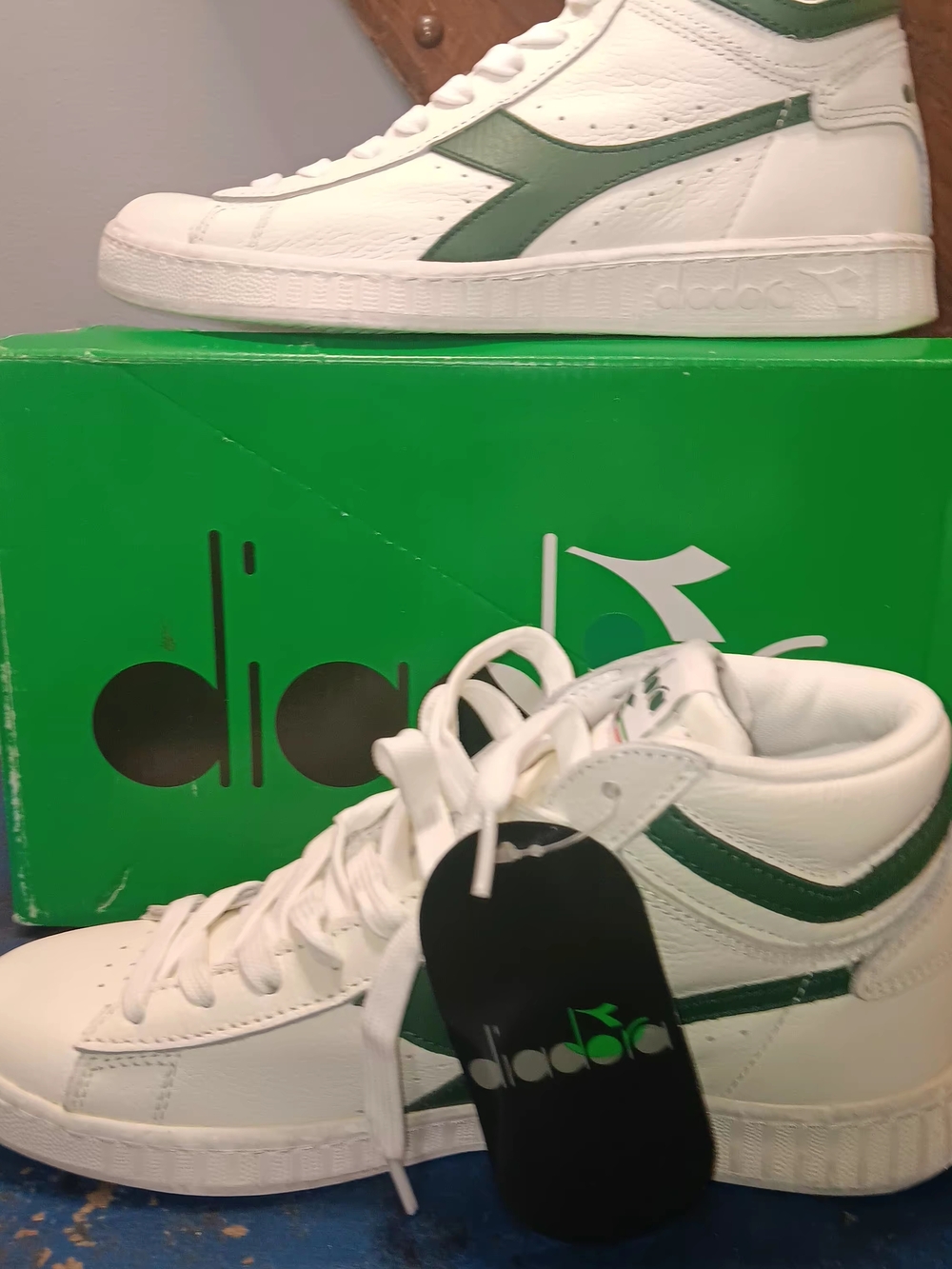 Diadora White Leather High-Top Sneakers with Green Accents - Picture 3 of 6